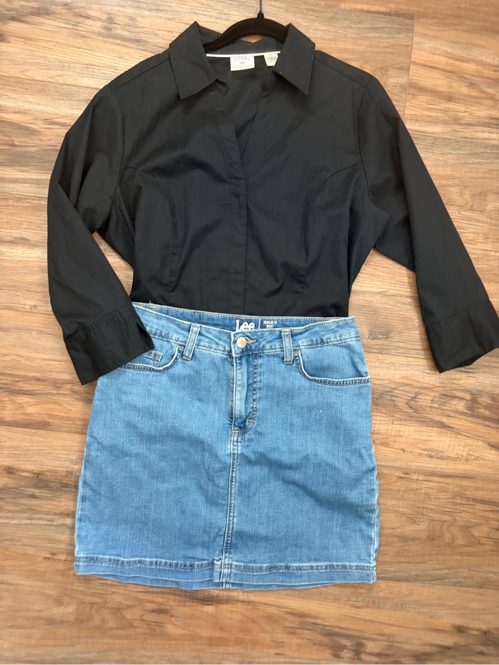 Lee Black Cotton Button-Front Shirt with denim pencil skirt